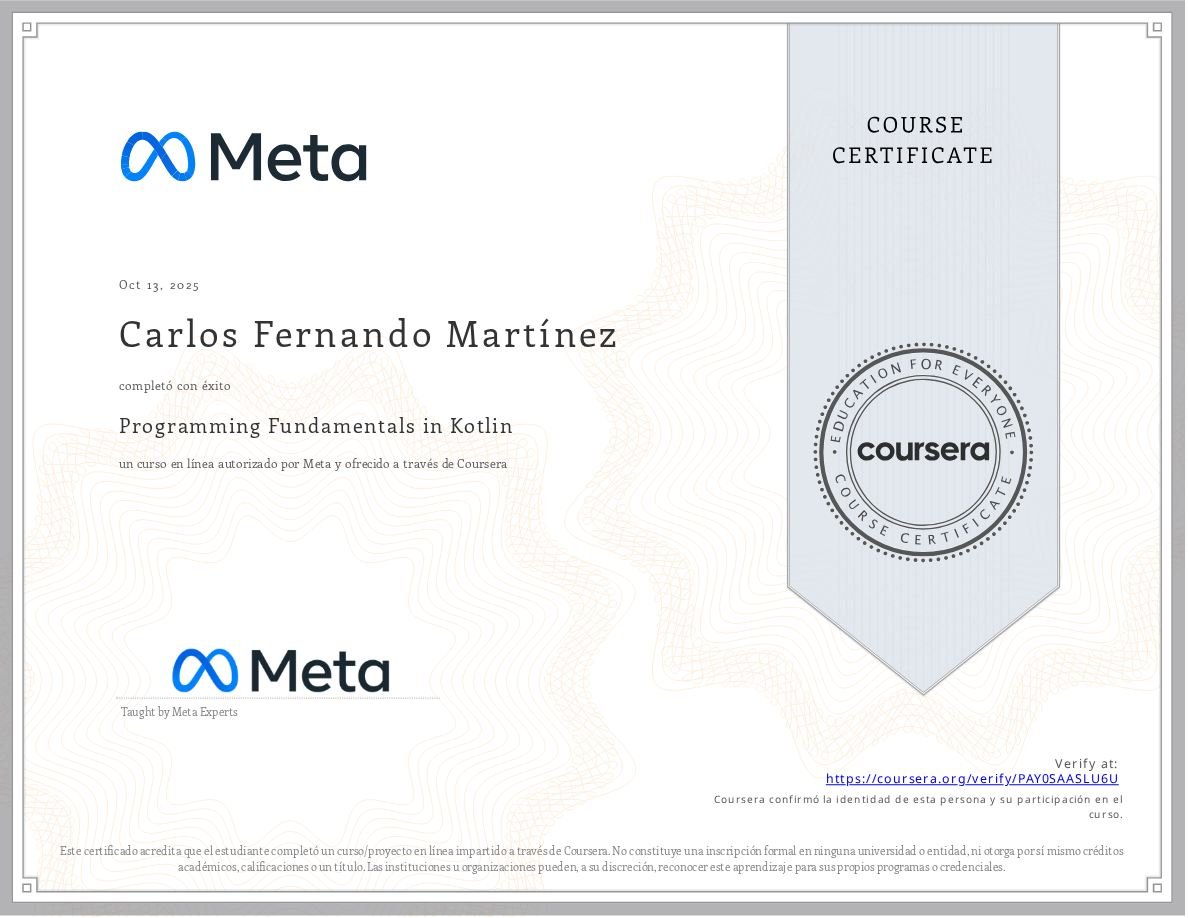 Certificado Programming Fundamentals in Kotlin